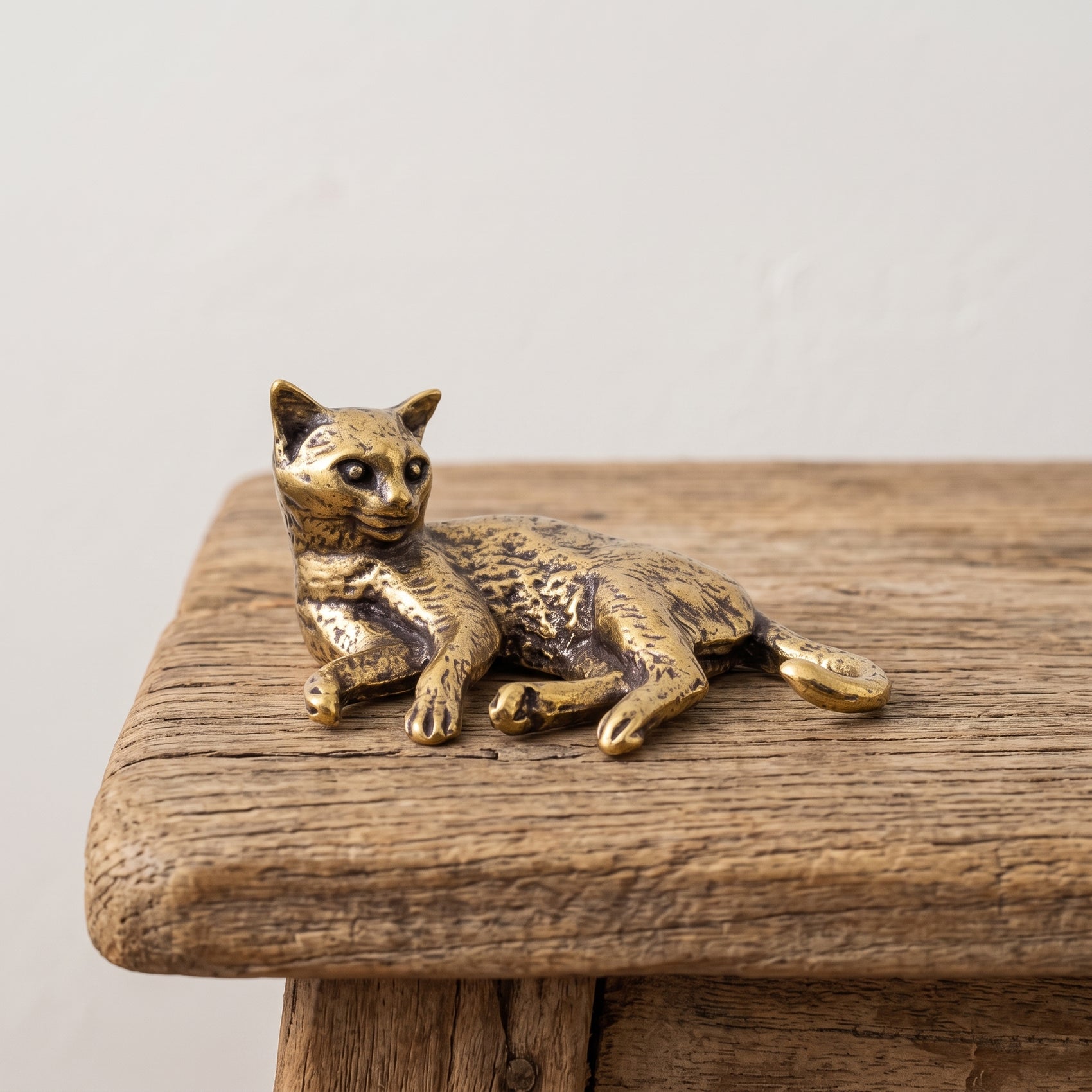  Lounging brass cat figurine with curled tail and textured fur, antique patina finish, resting on a reclaimed wood table 