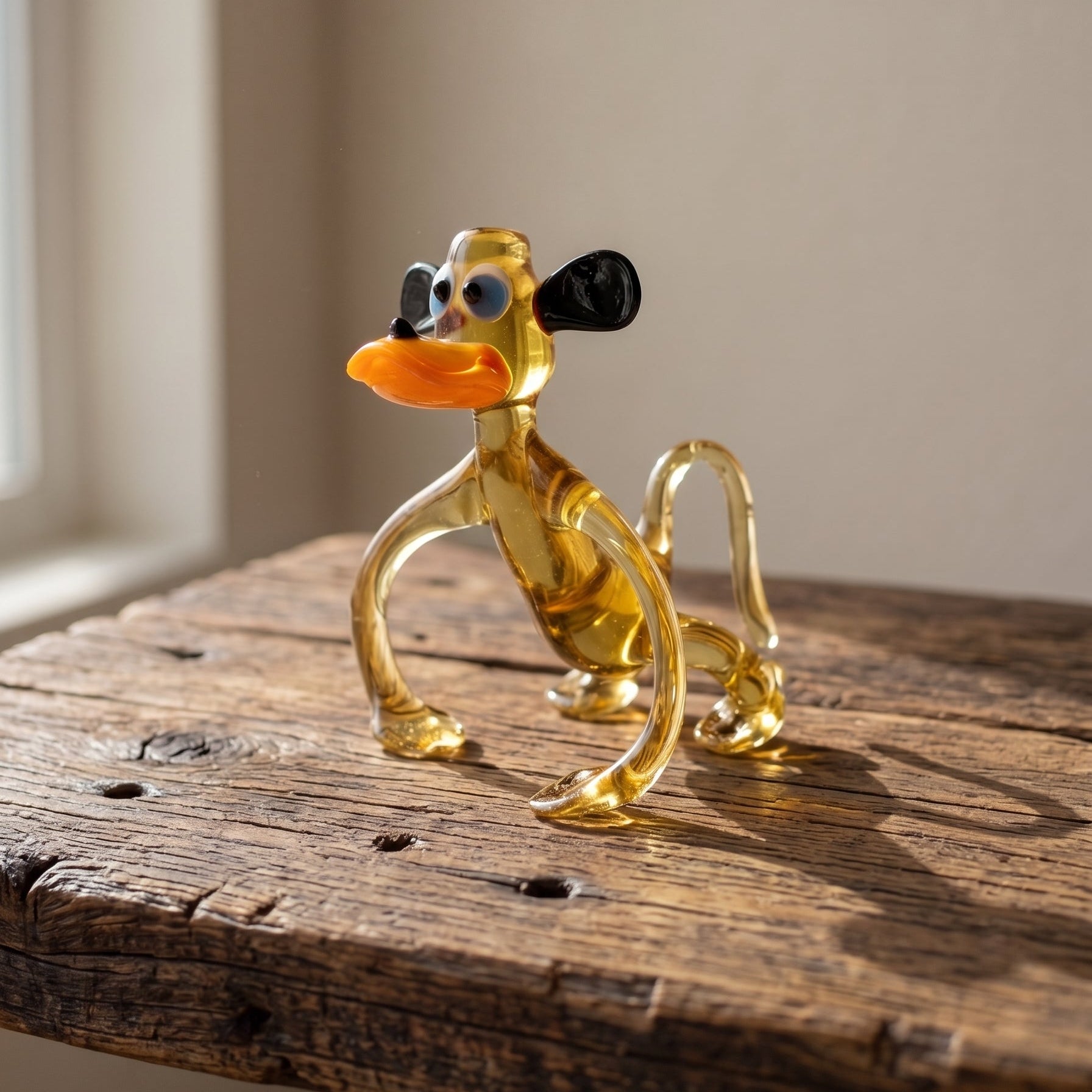 The Lanky Ape lampworked glass monkey figurine in amber glass with orange lips and long curved arms on a rustic wood surface, by Glass by Iness