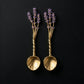 Lavender Spoon Set of 2 in cast pewter with purple enamel flowers and leaf-shaped bowl on black background