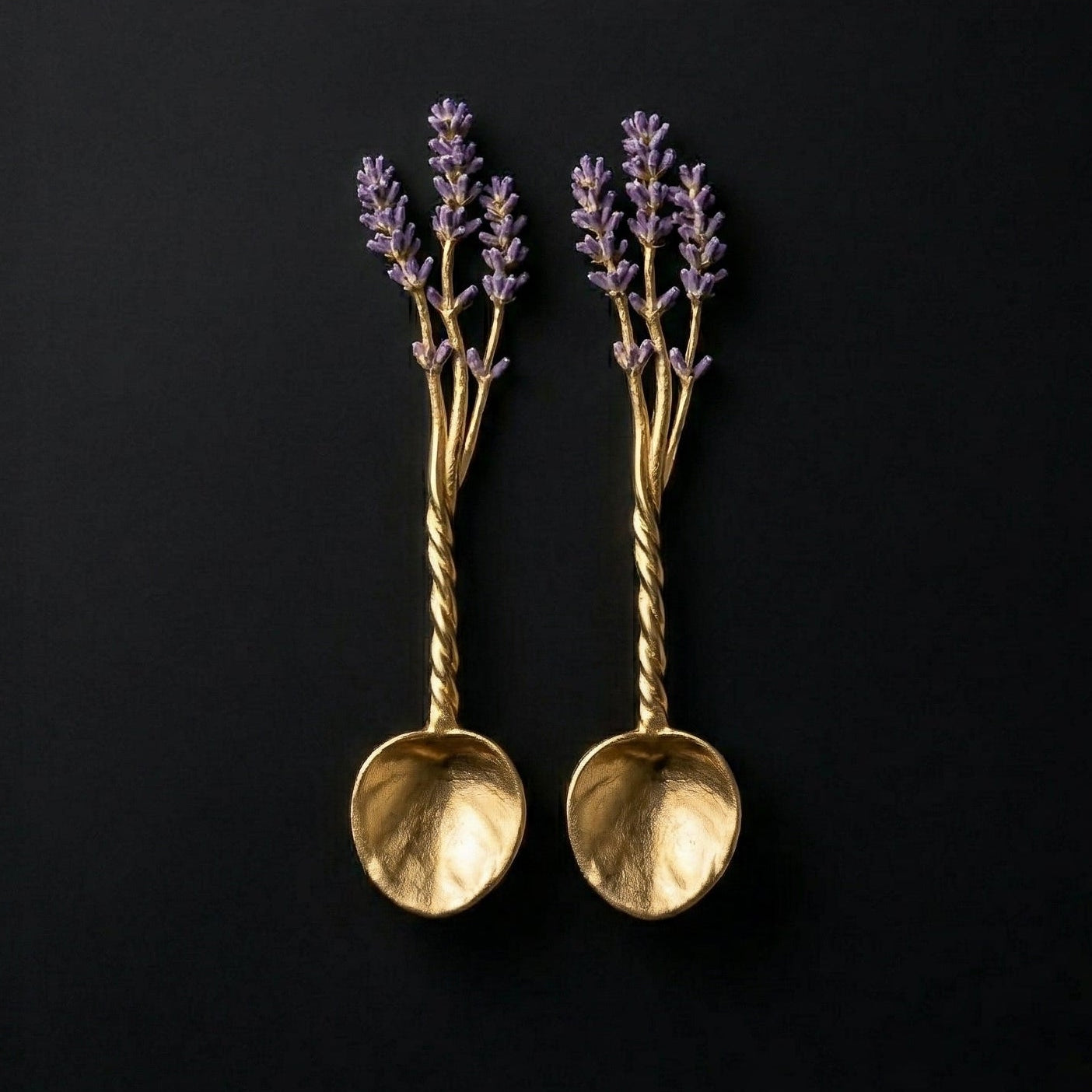 Lavender Spoon Set of 2 in cast pewter with purple enamel flowers and leaf-shaped bowl on black background