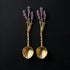 Lavender Spoon Set of 2 in cast pewter with purple enamel flowers and leaf-shaped bowl on black background