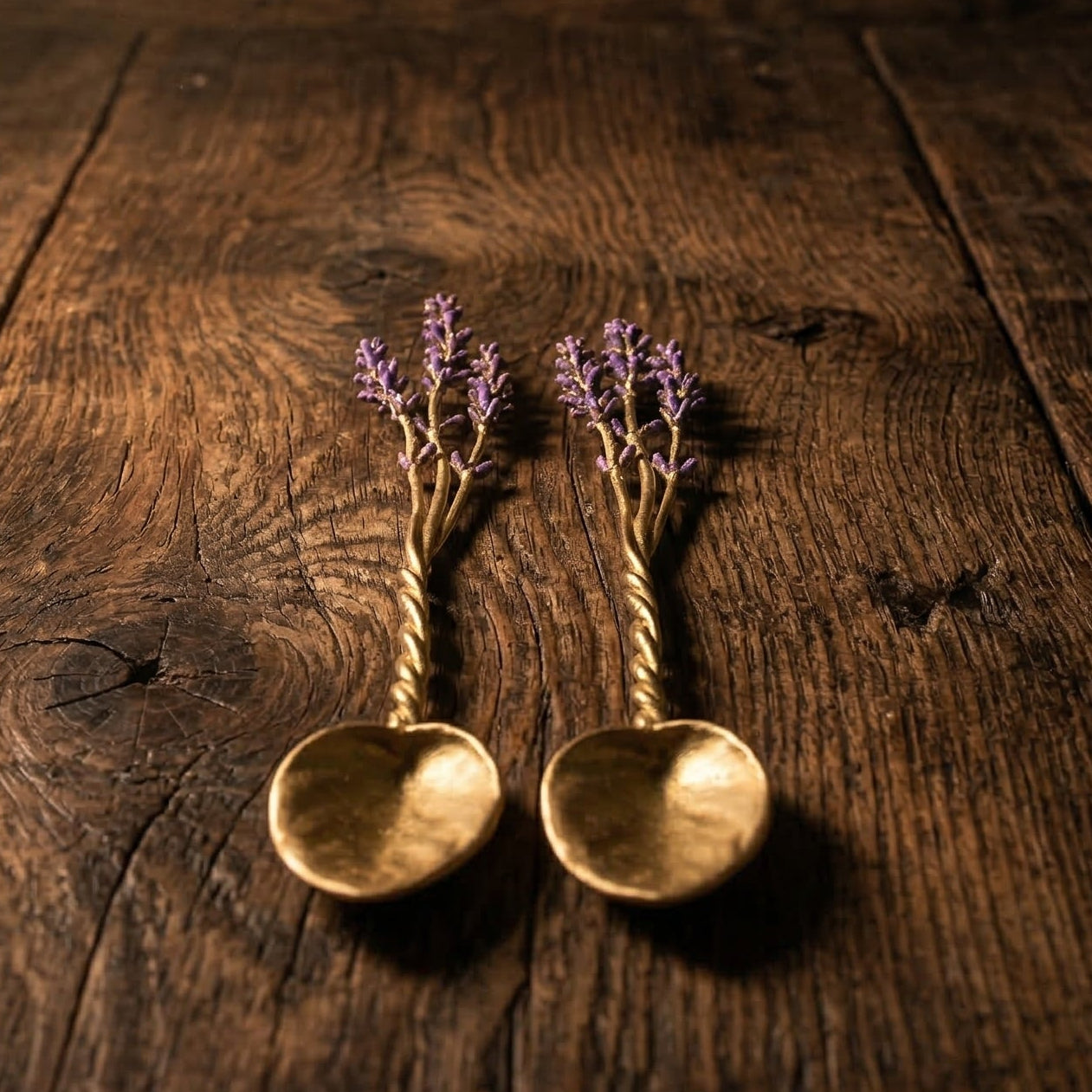 Lavender cast pewter serving spoons with twisted stem handles and purple enamel buds on dark wood surface
