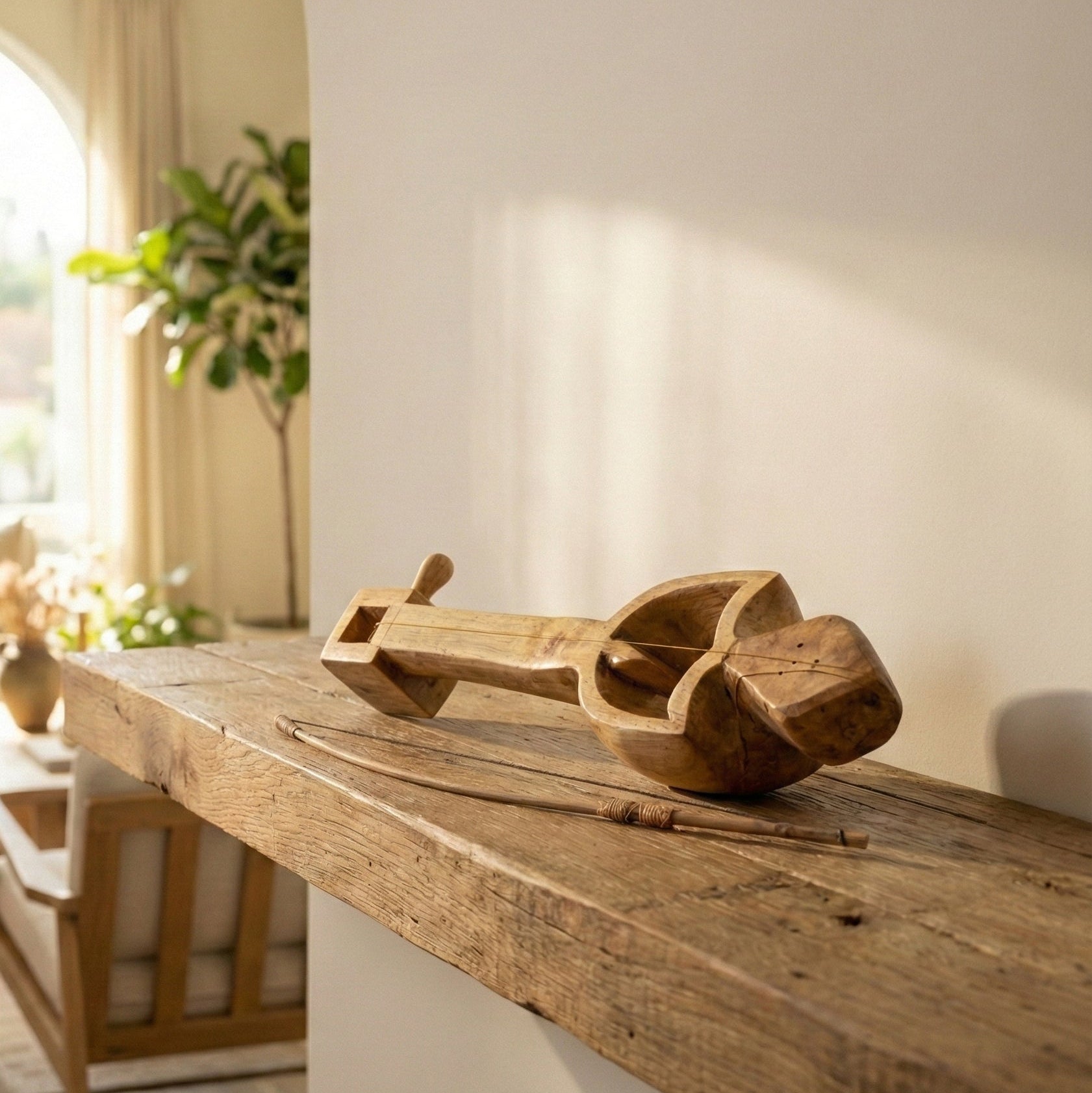 The Listening String folk instrument held in hand showing hand-carved wood grain and natural proportions