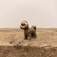 Solid brass bichon frise figurine with a curled coat and plumed tail, antique patina finish, standing on a weathered wood surface