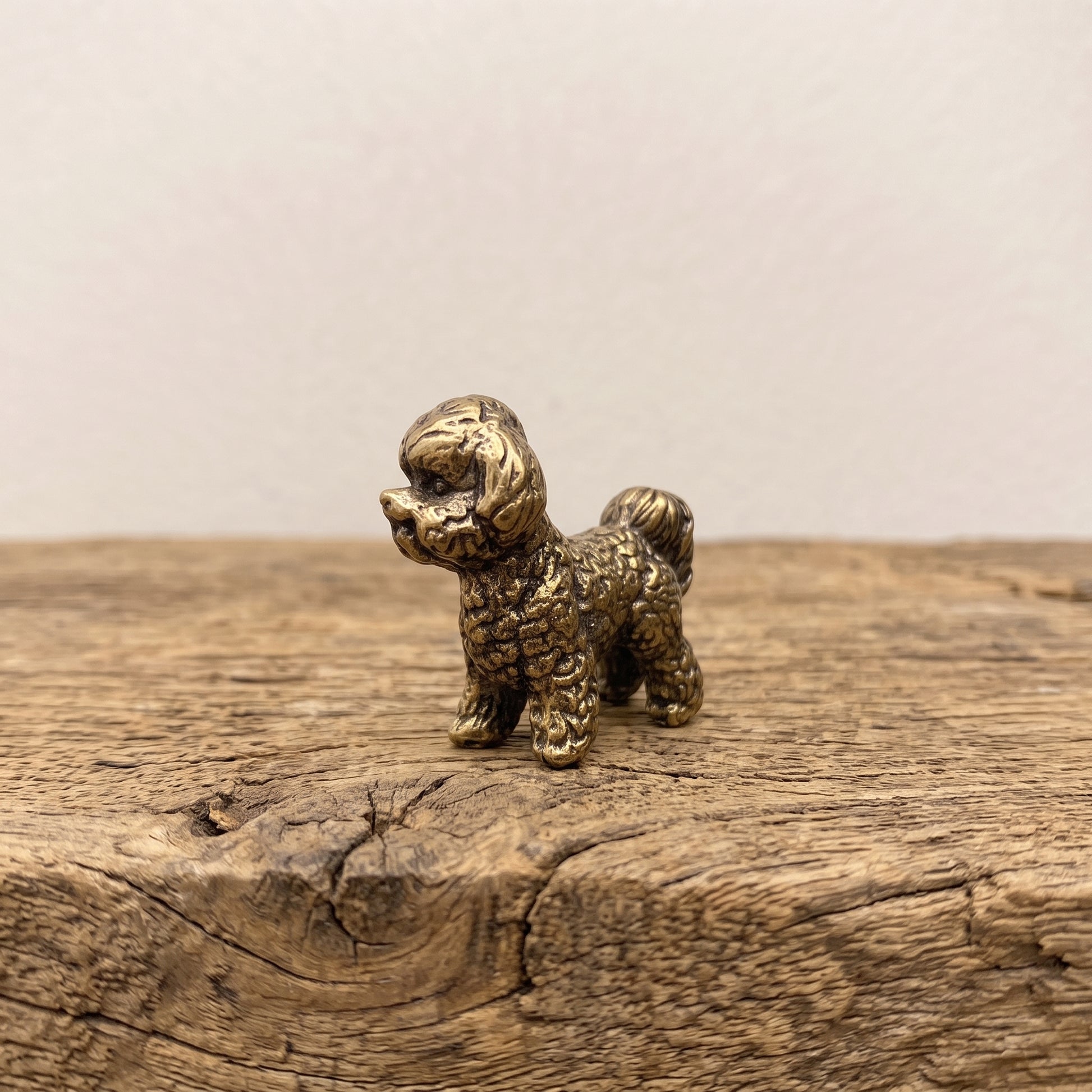 Solid brass bichon frise figurine with a curled coat and plumed tail, antique patina finish, standing on a weathered wood surface