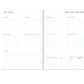 Open journal showing a monthly intentions spread for career, relationships, mental health, overall health, administration and free time, each with action-point checklists
