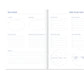 Open journal showing a yearly vision spread with spaces to set a word and a mantra, objectives, action points, and habits to break and form