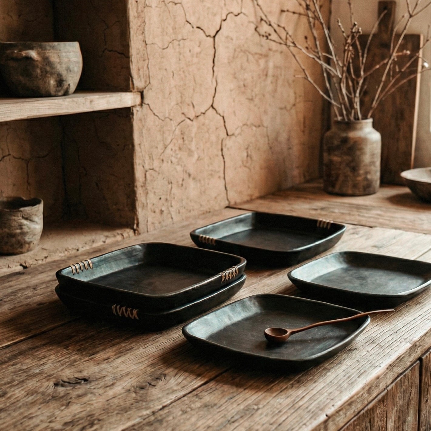 Longpi square dinner plates displayed on a table with other Longpi pottery pieces