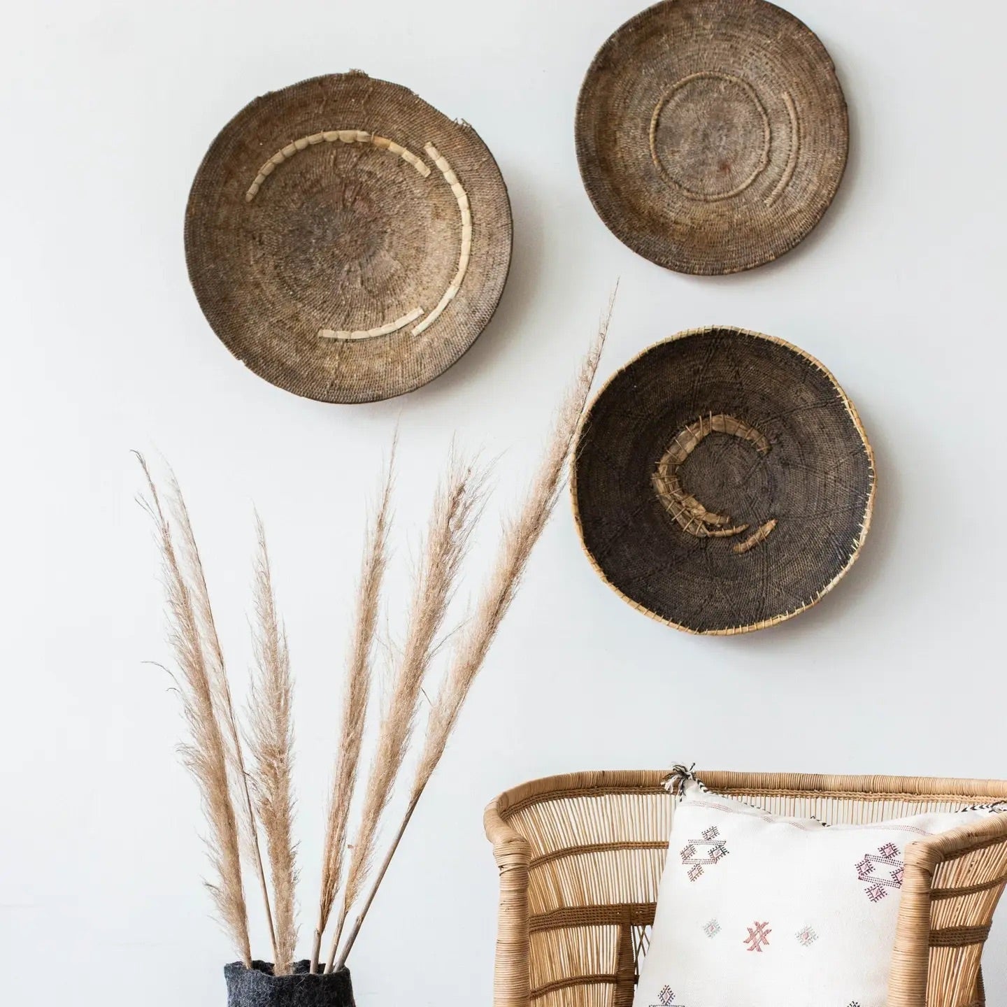 Vintage Makenge basket collection in varied patterns and sizes, handwoven by Mbunda women in Zambia, from WILLAGE