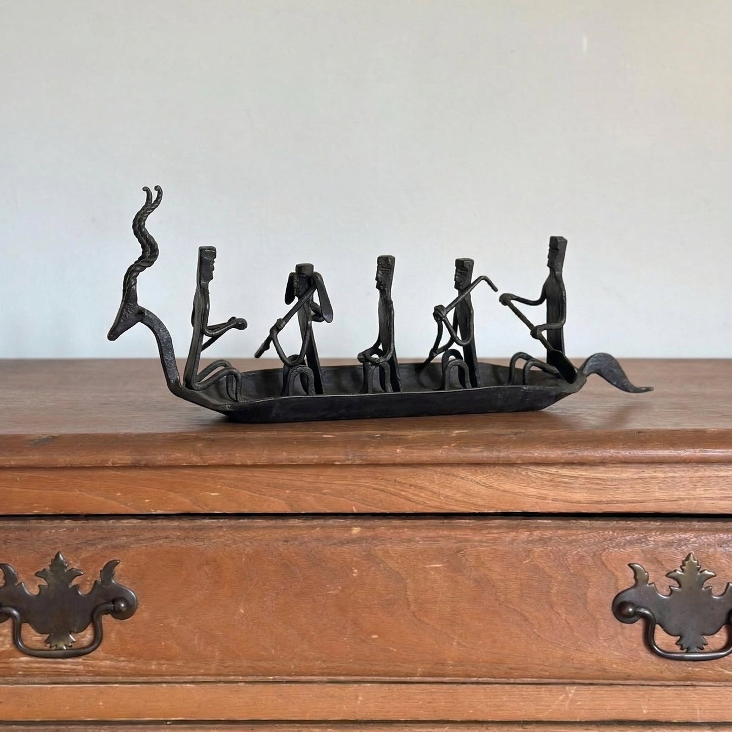 The Music Boat Bastar wrought iron sculpture showing troupe of hand-forged musicians in a boat with antelope figurehead, handcrafted in Chhattisgarh India, from WILLAGE