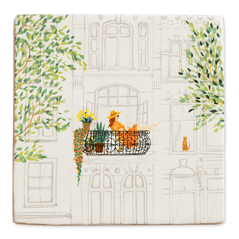 My Favorite Spot Storytile close-up showing illustrated balcony scene with person, cats, and flowers in selective color