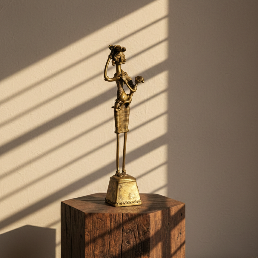 The Nurturing Mother Dhokra metal sculpture of a standing woman with raised arms, lost-wax cast by Rahul Dey, from WILLAGE
