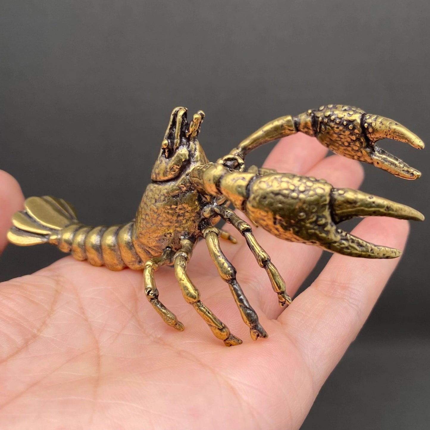 Side view of a brass lobster figurine showing the segmented tail, walking legs, and detailed claws with antique patina