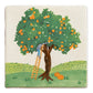 Orange Harvest Storytile close-up showing illustrated orange tree with fruit and baskets below, in selective green and orange color