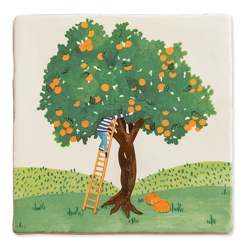 Orange Harvest Storytile close-up showing illustrated orange tree with fruit and baskets below, in selective green and orange color