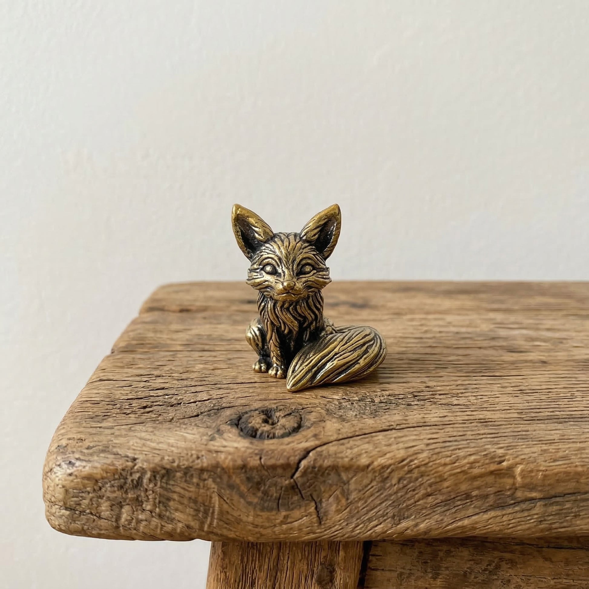 The Playful Kit miniature brass baby fox sitting upright on a wooden surface, with perked ears and warm aged patina, from the WILLAGE Tiny Objects collection
