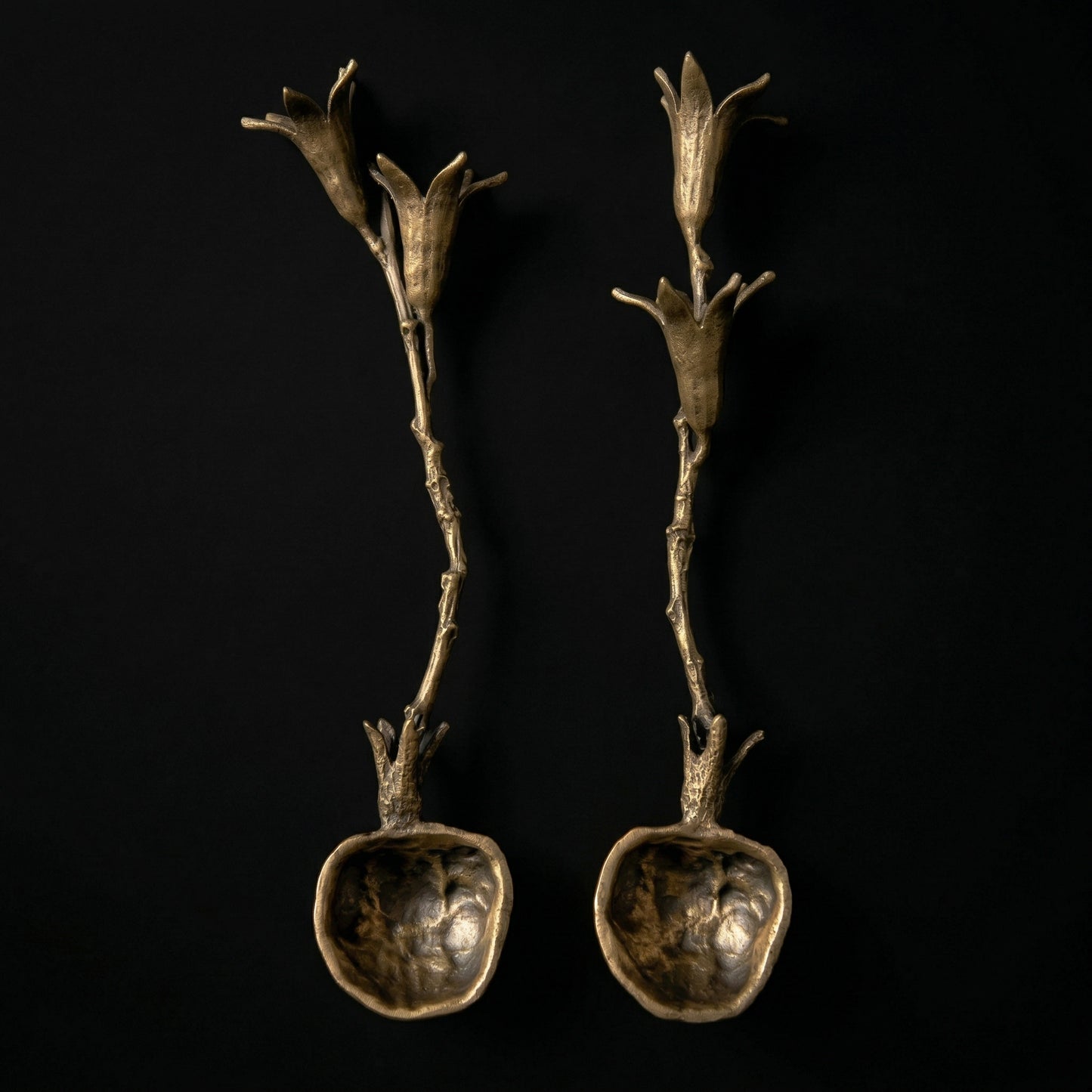 Pomegranate Spoon Set of 2 in cast pewter with antique brass finish showing pomegranate bowl and branch handle detail