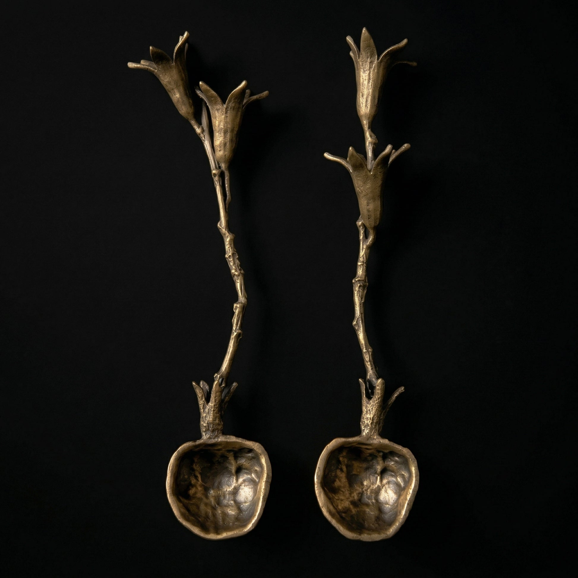 Pomegranate Spoon Set of 2 in cast pewter with antique brass finish showing pomegranate bowl and branch handle detail