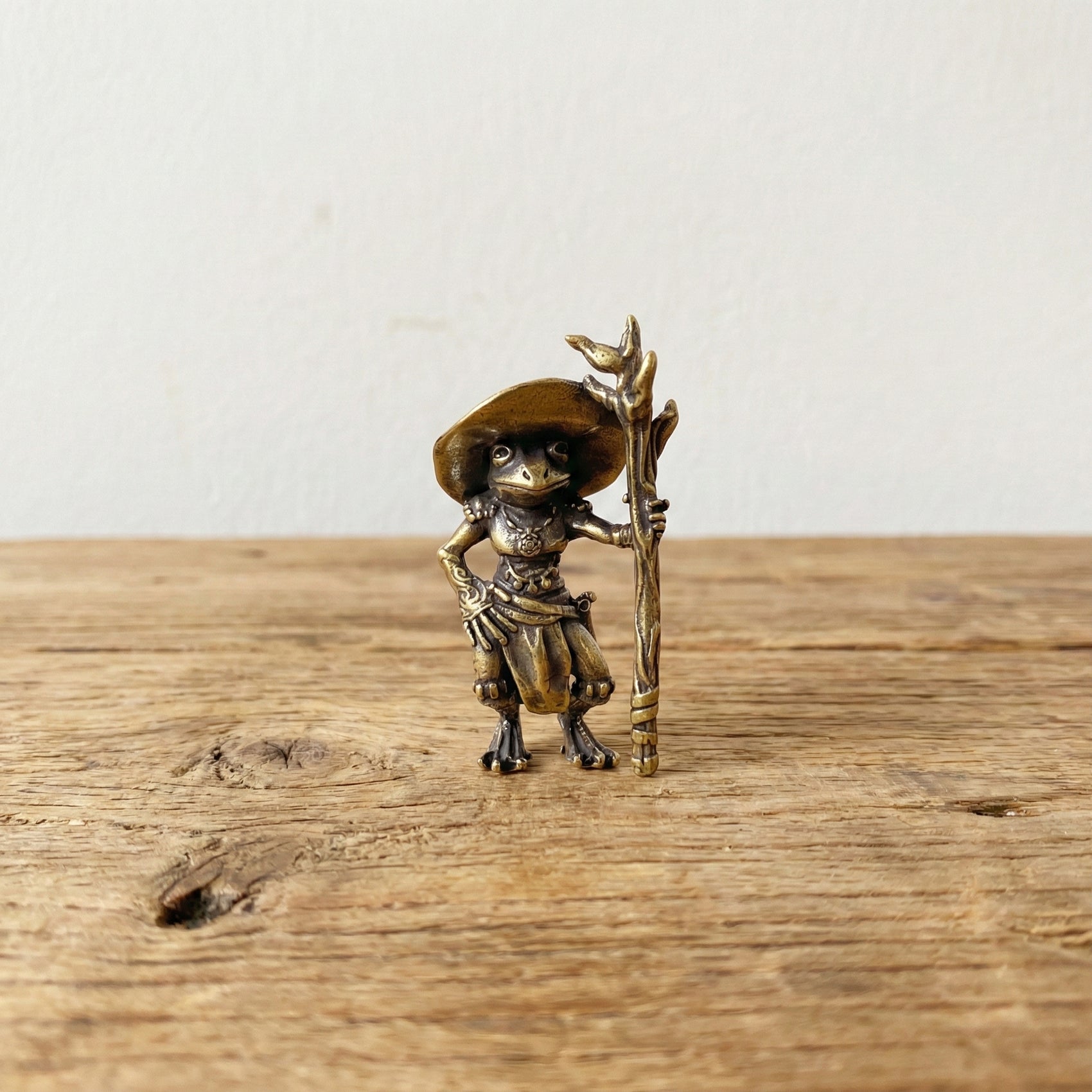 The Quiet Alchemist miniature brass wizard frog figurine standing with staff and hat, solid brass with aged patina, from WILLAGE Tiny Objects 