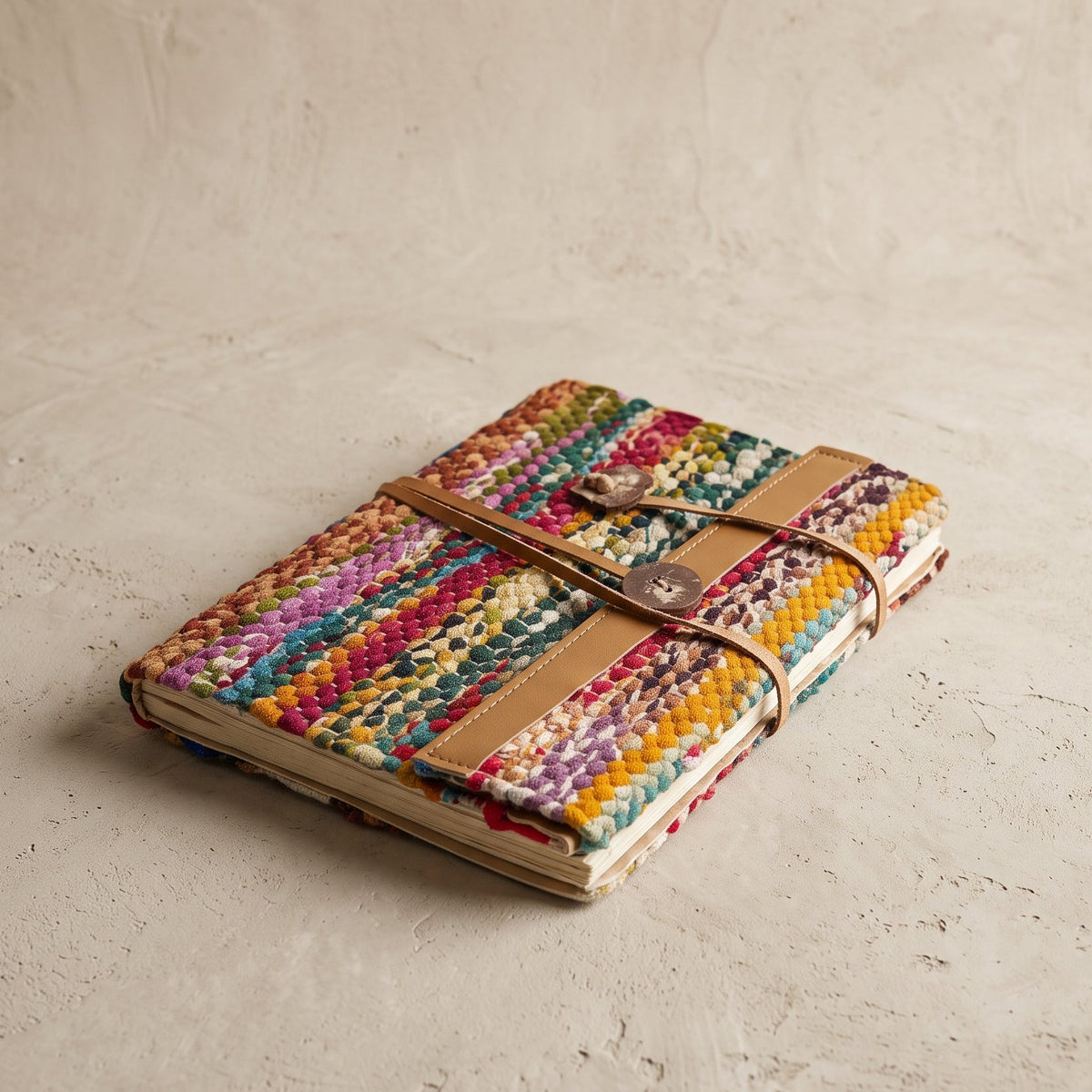Closed handmade journal with a multicolor cover woven from recycled sari cloth, tan leather strap with button, and a wrap tie ending in a heart-shaped charm