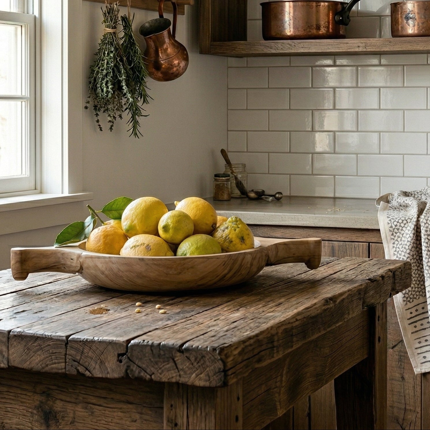 The Sakleshpur hand-carved jackfruit wood bowl filled with lemons on a rustic reclaimed wood kitchen table, shown in a warm home kitchen with copper pots and white subway tile, from WILLAGE
