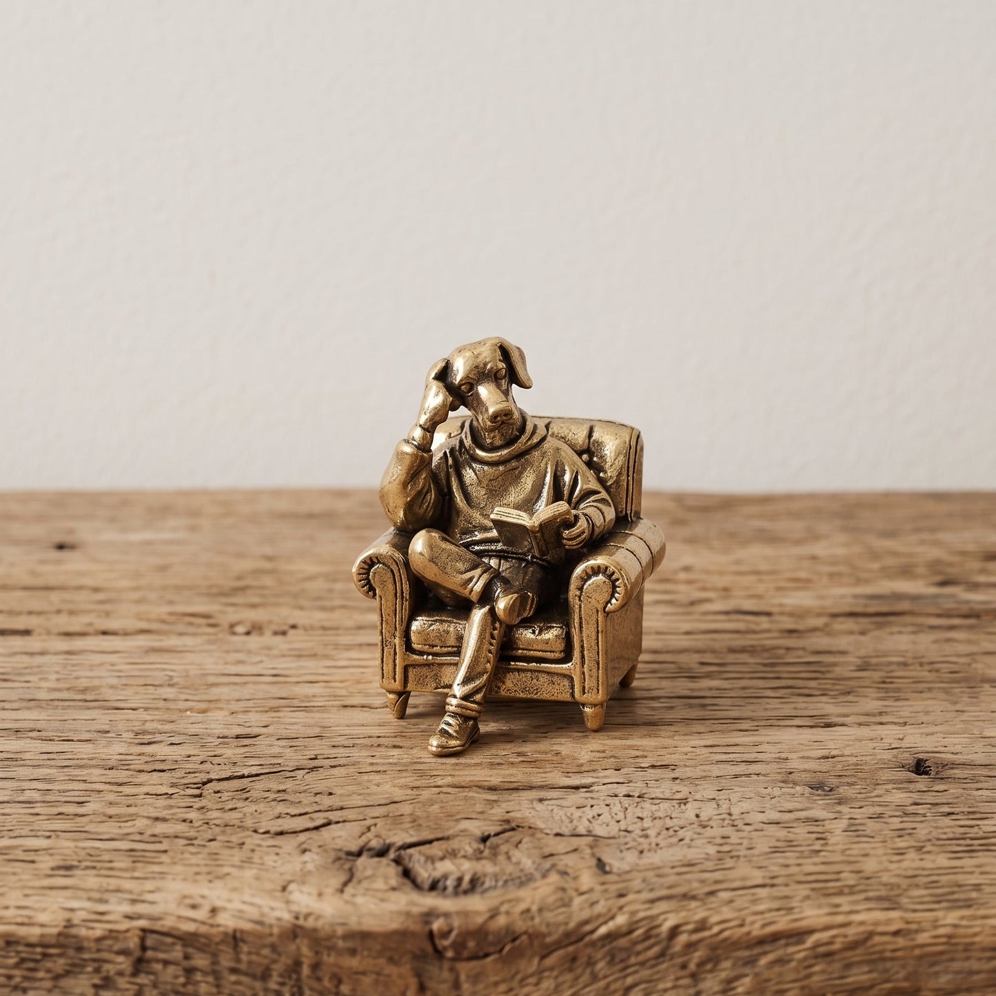 The Scholar miniature solid brass dog figurine reading a book in an armchair, with fine detail and aged antique patina