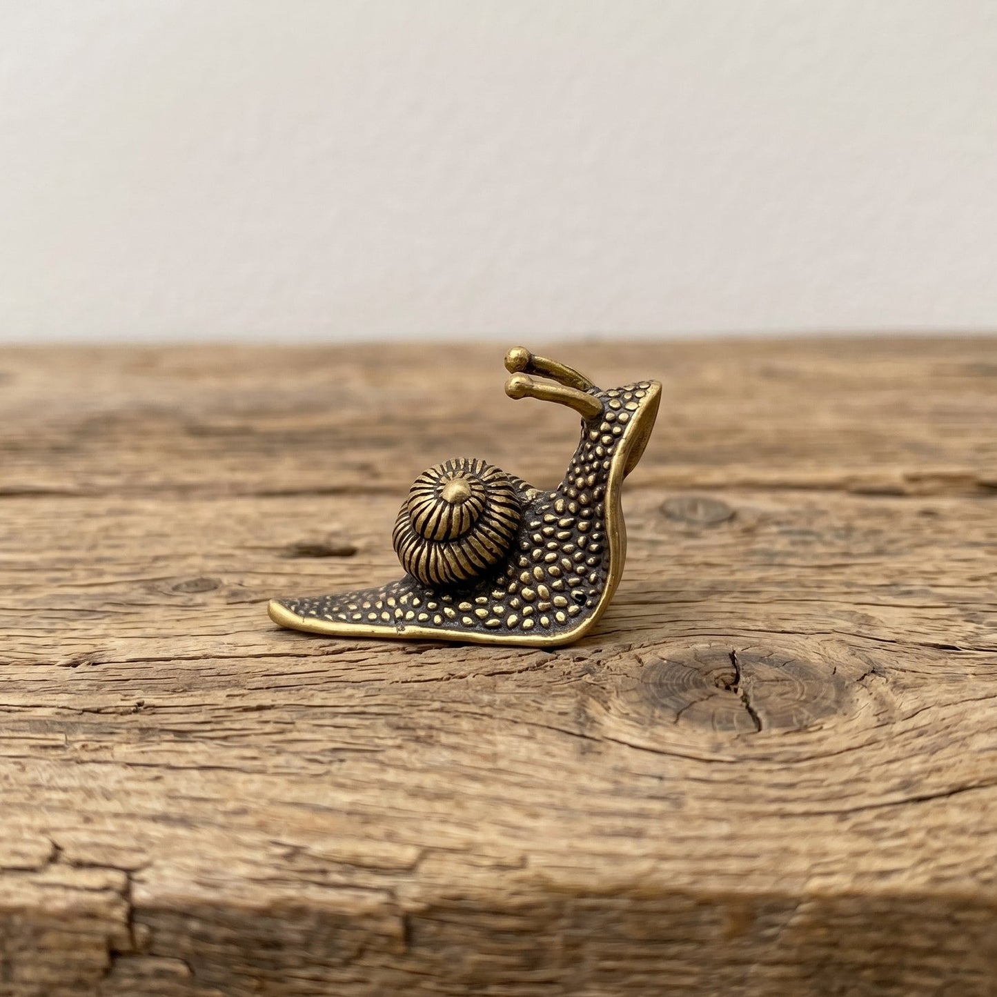 Side view of The Slow Path brass snail showing the coiled spiral shell and raised antennae, aged antique patina