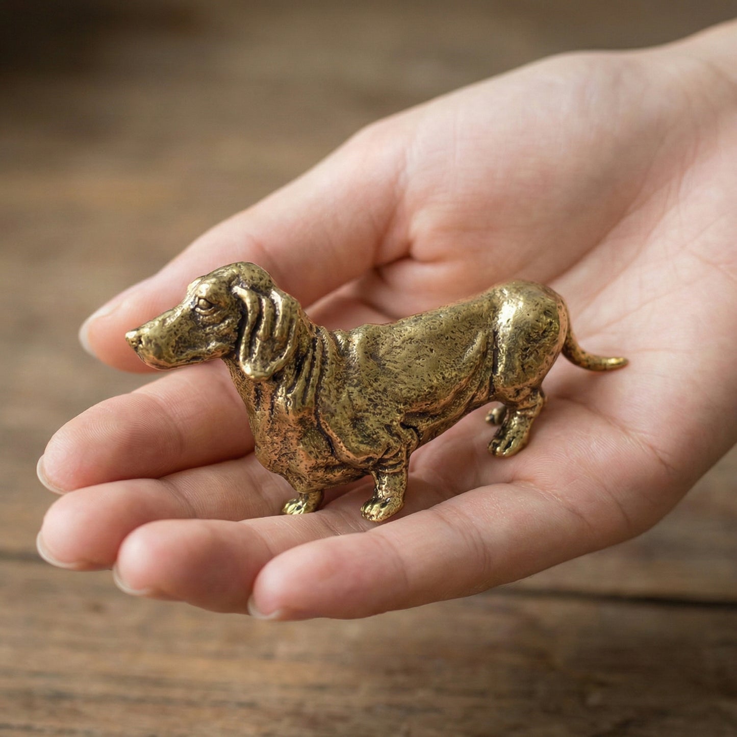 Close-up of The Still Walker brass dachshund showing hand-cast surface texture and walking posture