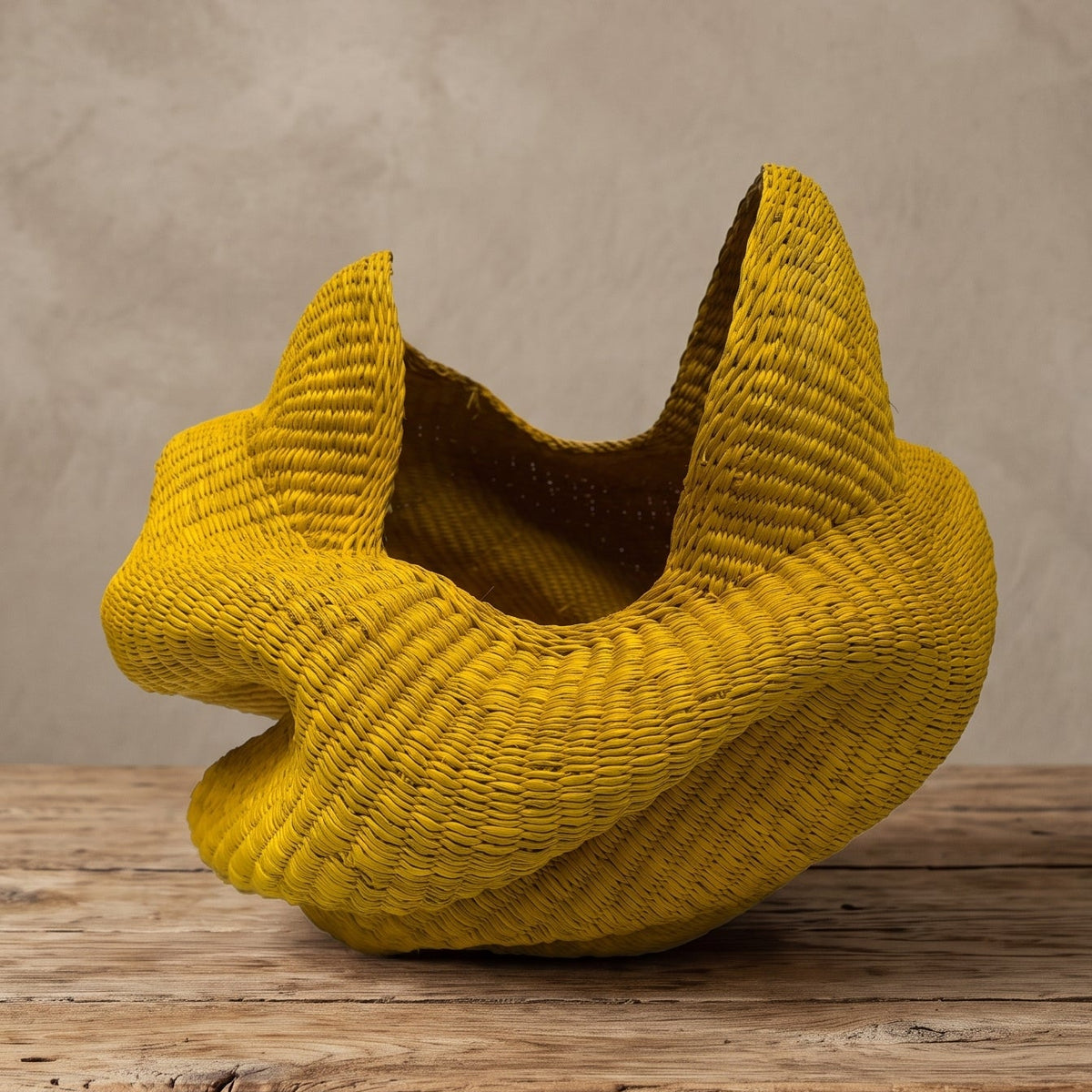 Top-down view into a yellow woven elephant-grass basket showing the interior weave and sculpted rim