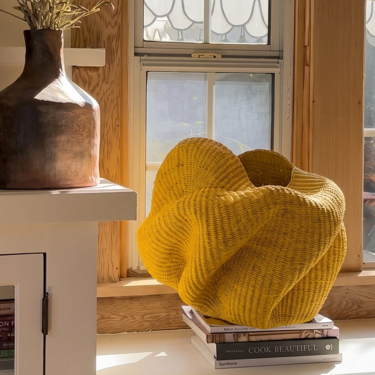 Yellow Bolga sculpture basket styled in a beautiful living room