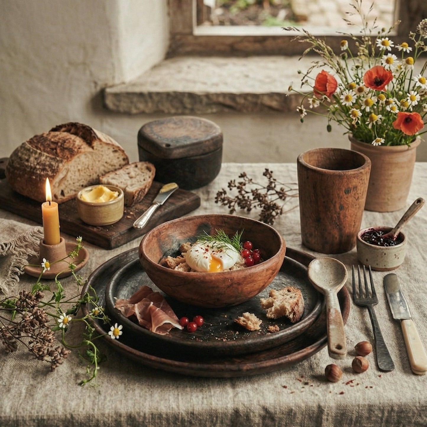 Sung black clay cereal bowl displayed in a styled table setting with other Sung Valley pottery pieces