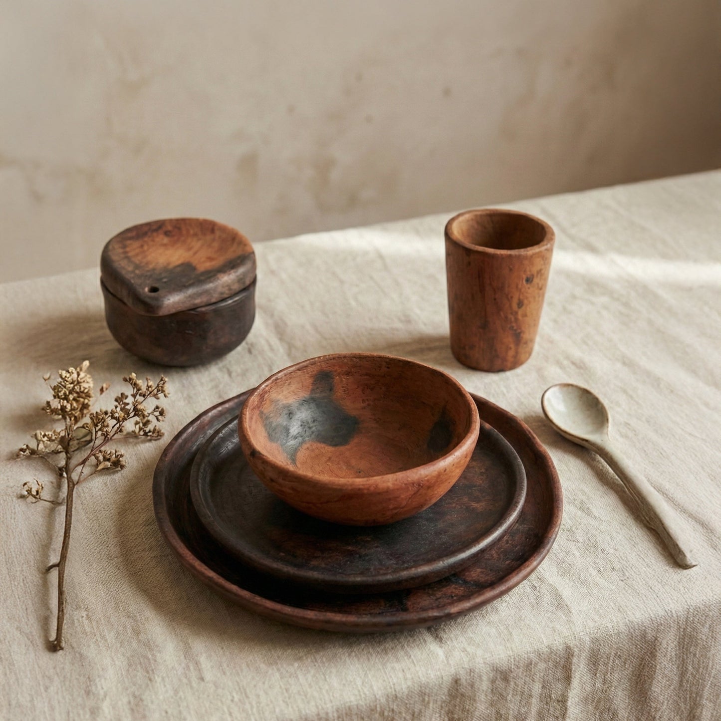 Sung black clay dinner plate displayed with other Sung Valley pottery pieces on a natural surface