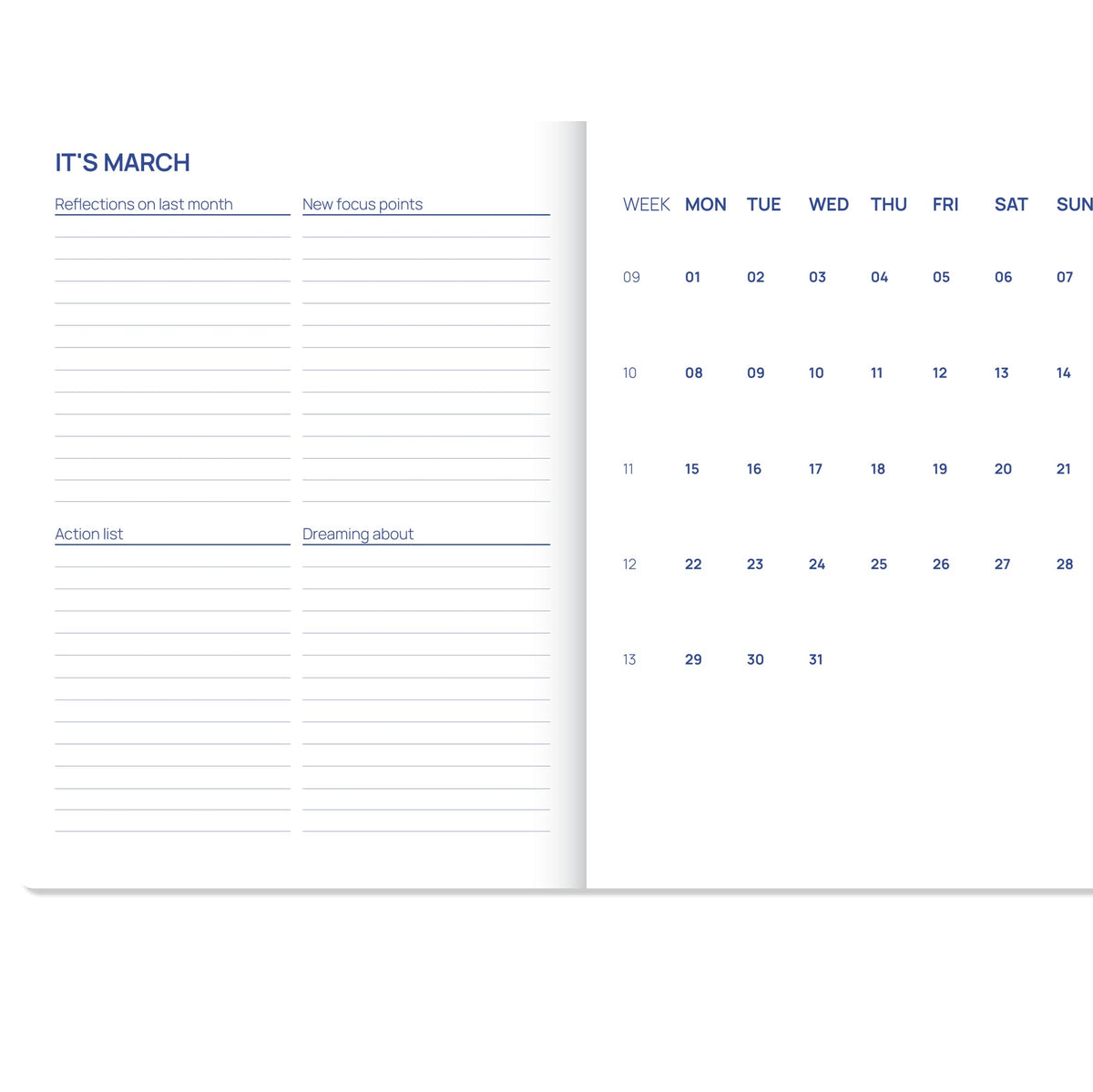 Open diary showing a monthly spread with sections for reflections, focus points, an action list and dreams, beside a month-at-a-glance calendar