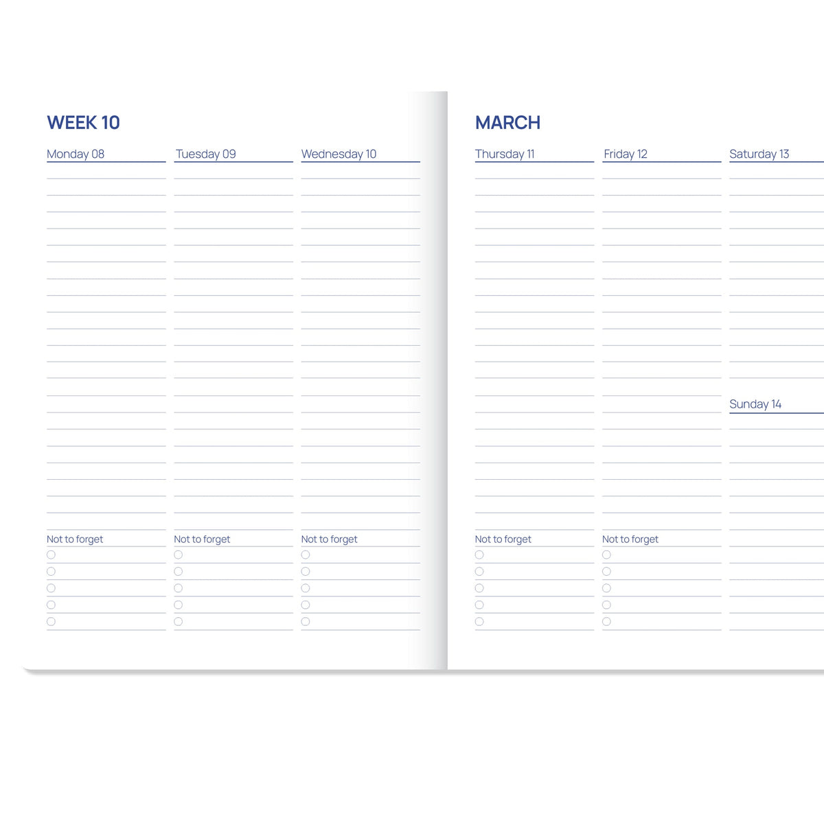 Open diary showing a week-on-two-pages layout with lined columns for each day and a “not to forget” checklist under each