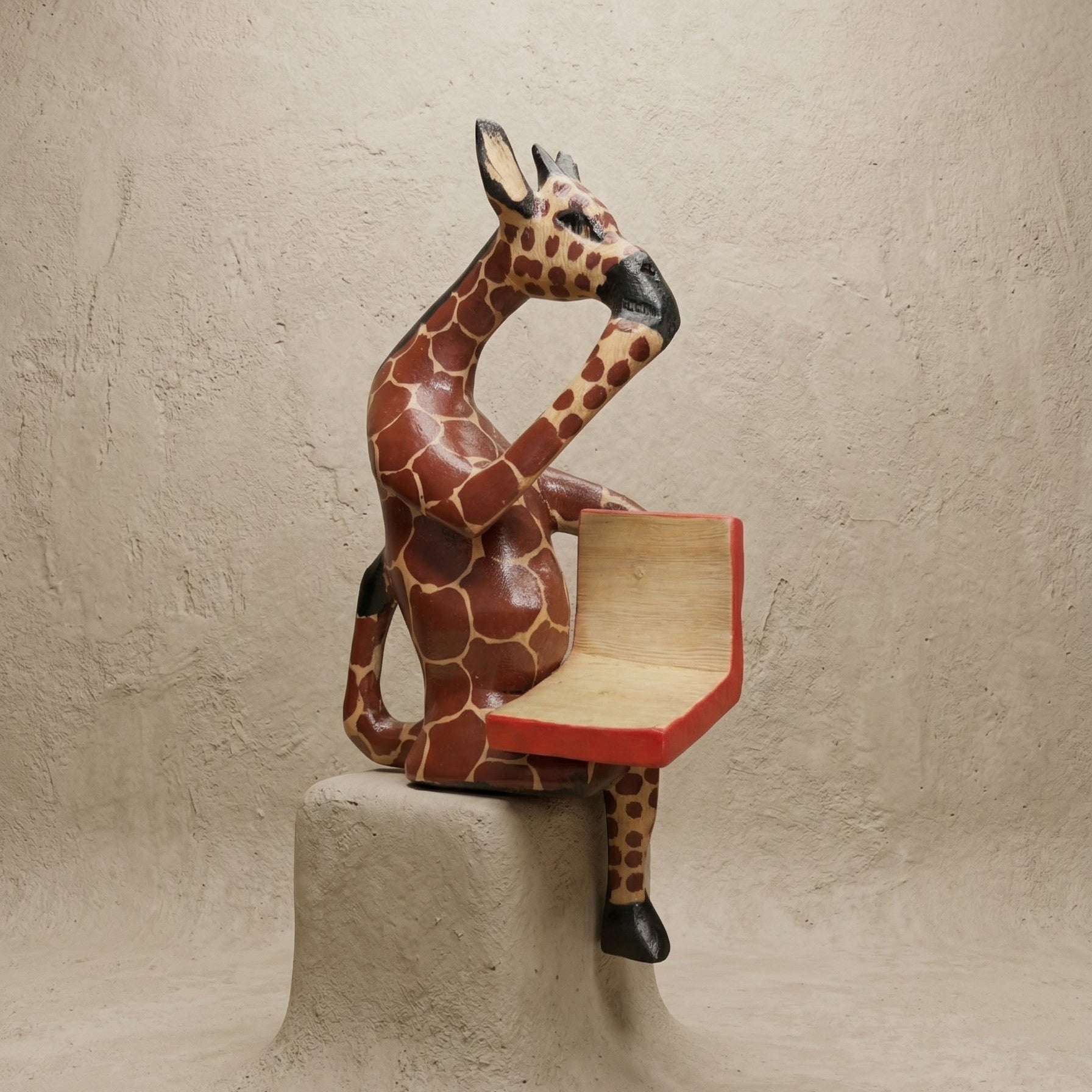 The Thinking Giraffe hand-carved wood shelf sitter sculpture reading a book with hand-painted spots