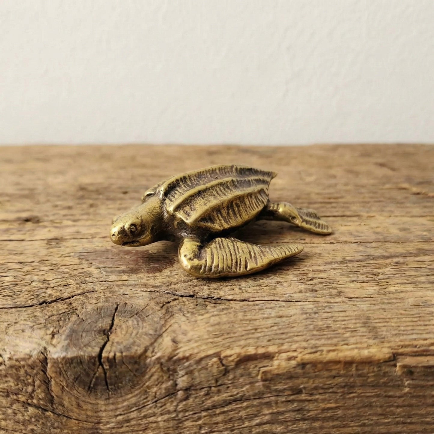 The Tidal Wanderer miniature brass sea turtle held in hand to show scale, with detailed flippers and golden patina
