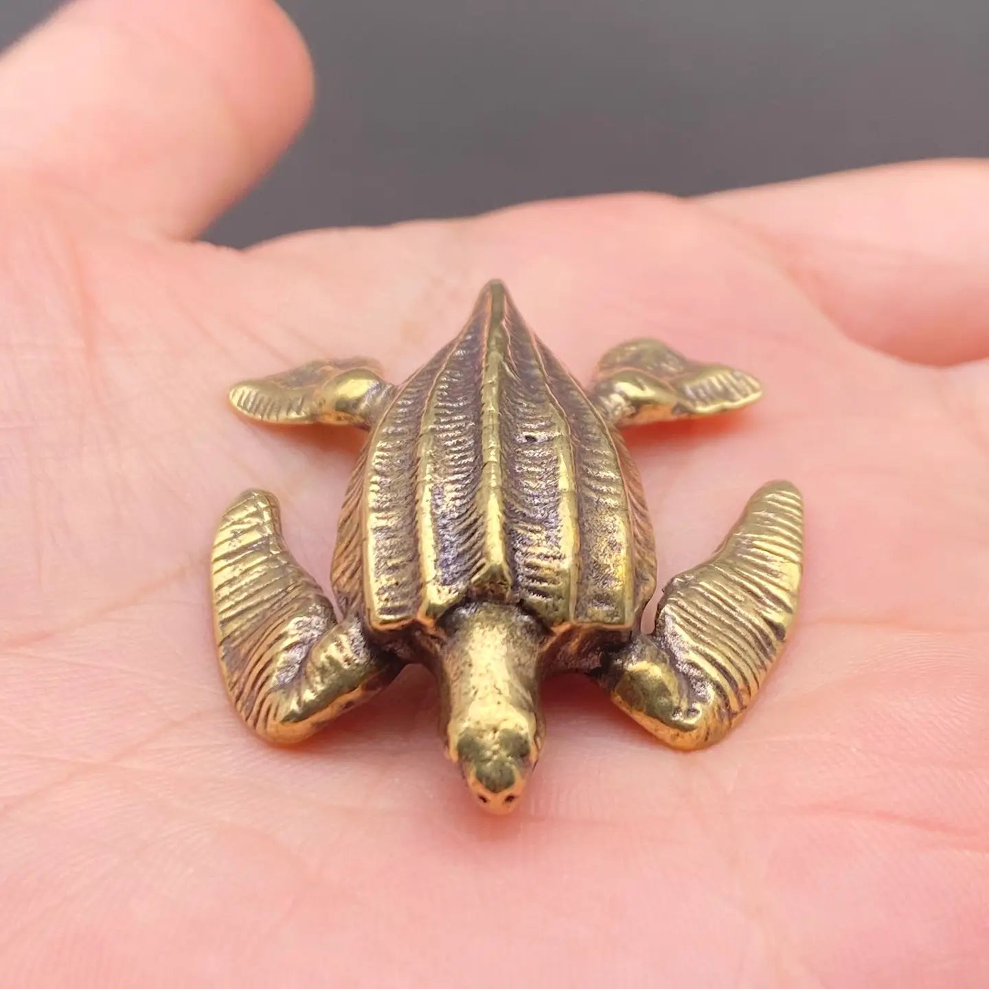The Tidal Wanderer miniature brass sea turtle with outstretched flippers and ridged shell, showing warm aged patina on a wooden surface, from the WILLAGE Tiny Objects collection
