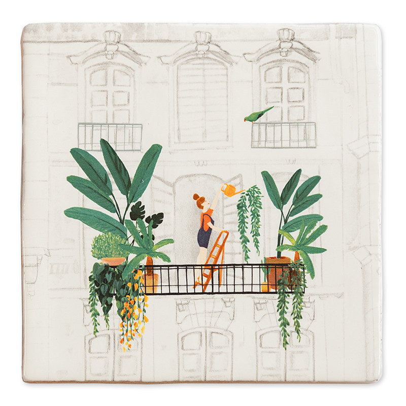 Jungle Storytile ceramic tile showing balcony garden illustration with selective green foliage against sketched city facade