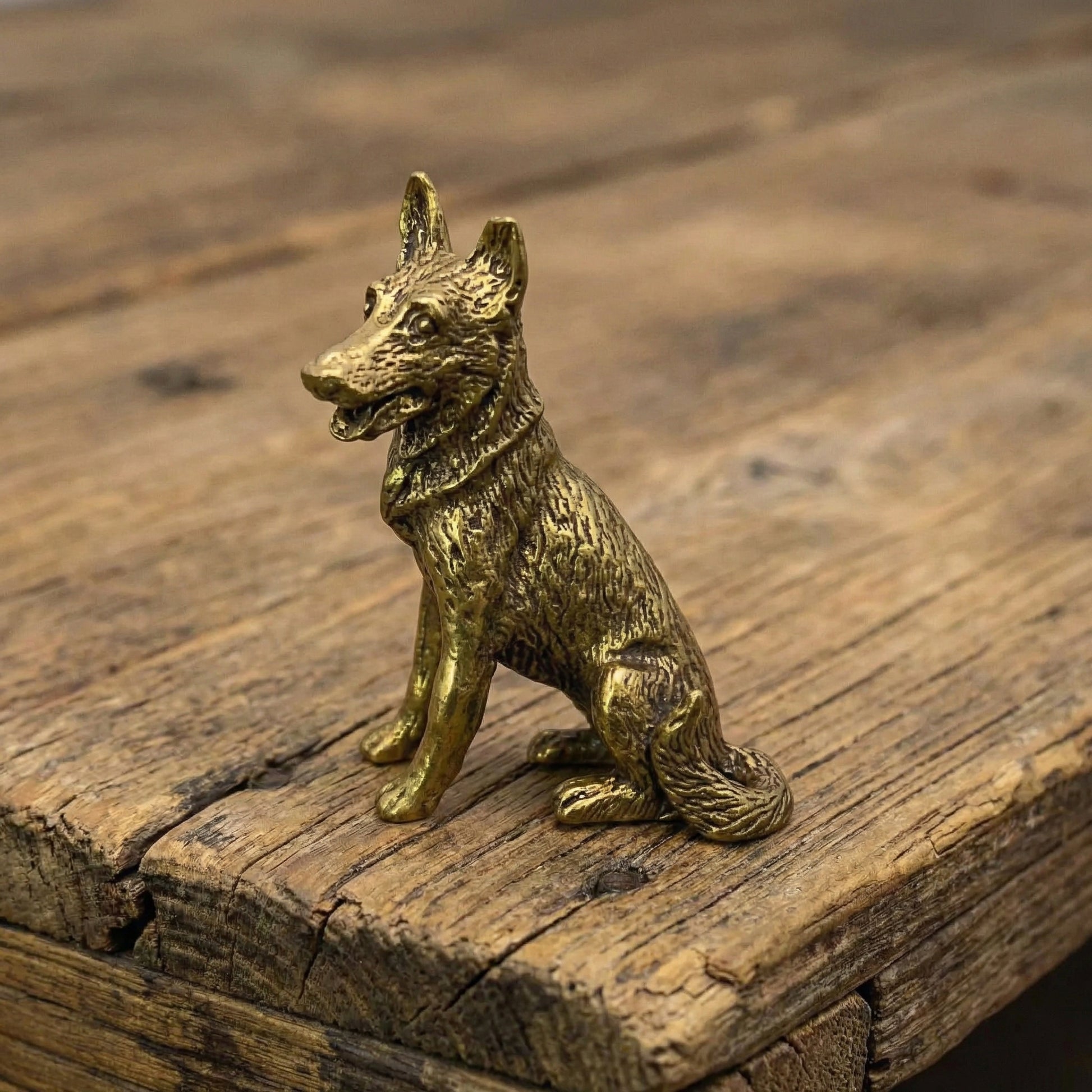 The Vigilant Protector miniature brass German Shepherd held in hand to show scale, with detailed ears and golden patina