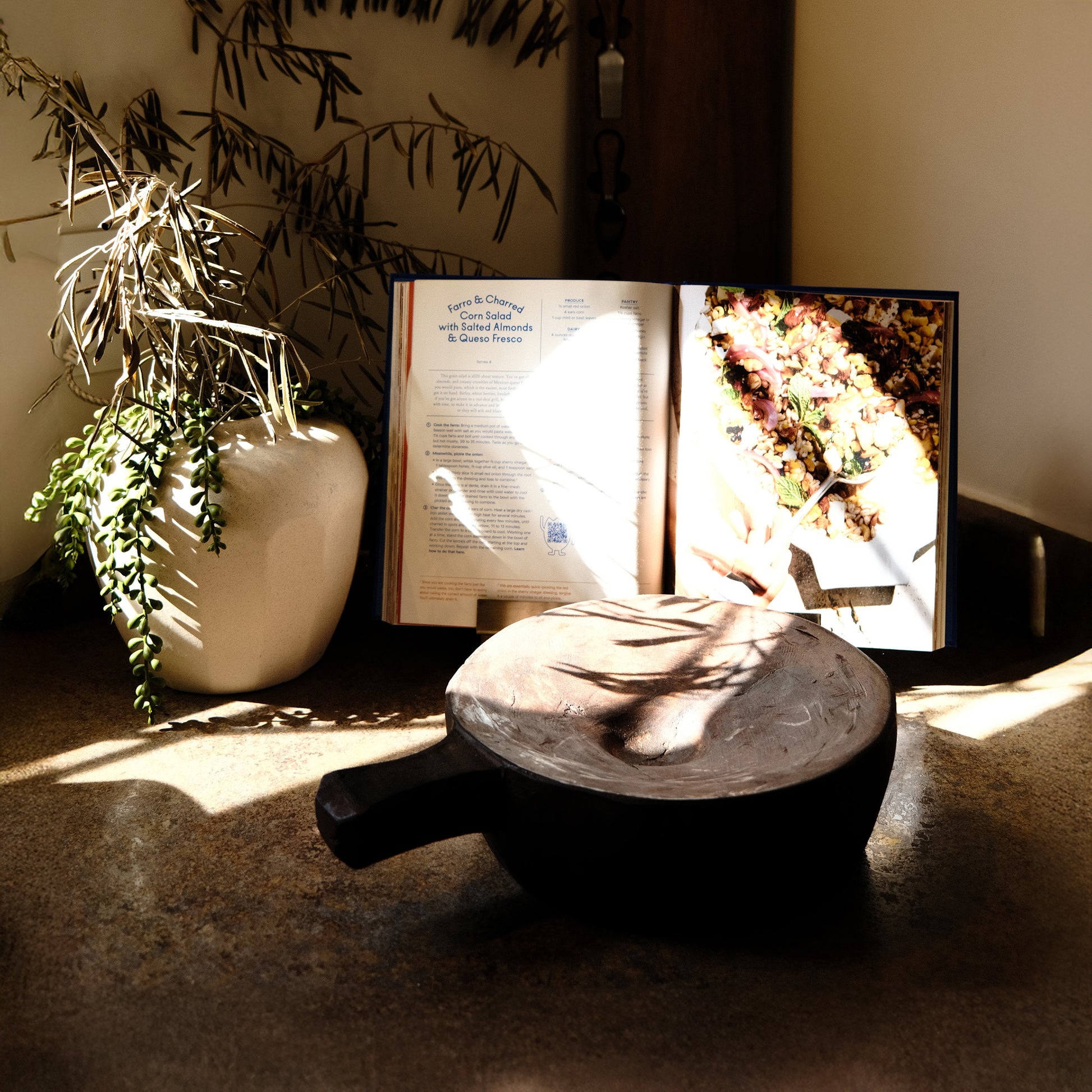 Vintage Turkish timber mortar styled on a wooden surface with open book and plants, hand-carved vintage piece from WILLAGE Old Souls Collection
