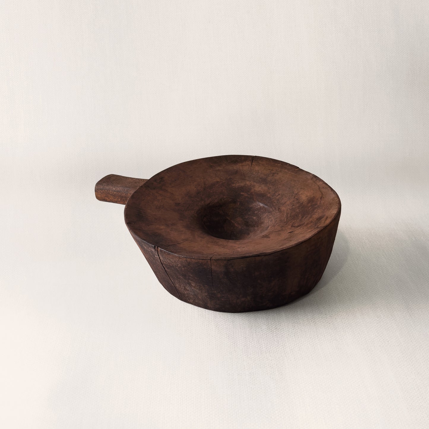 Hand-carved vintage timber mortar from Turkey, showing aged wood grain and weathered patina, from WILLAGE

