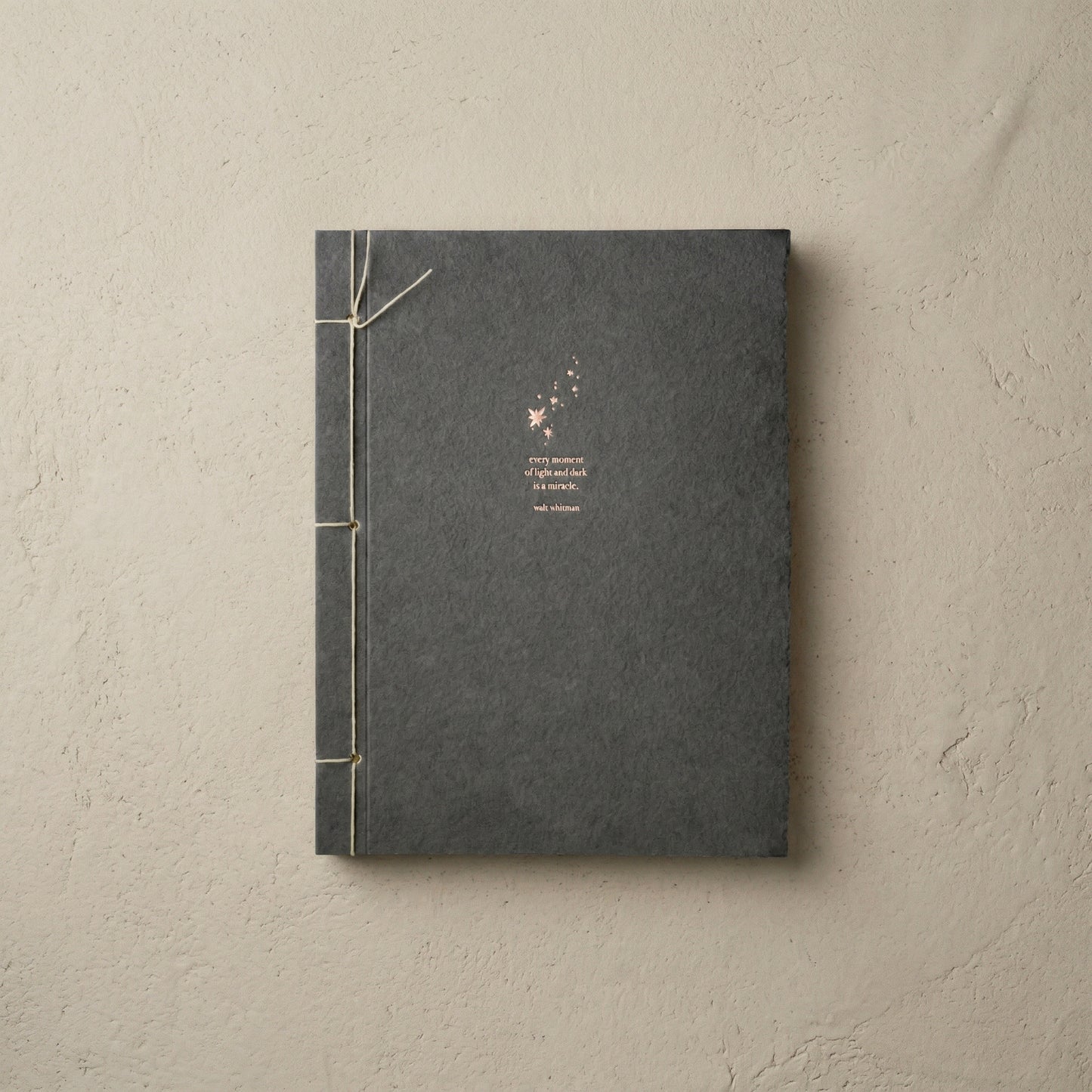 Walt Whitman Inspiration Journal in charcoal recycled cotton with copper foil stars and Japanese stab binding
