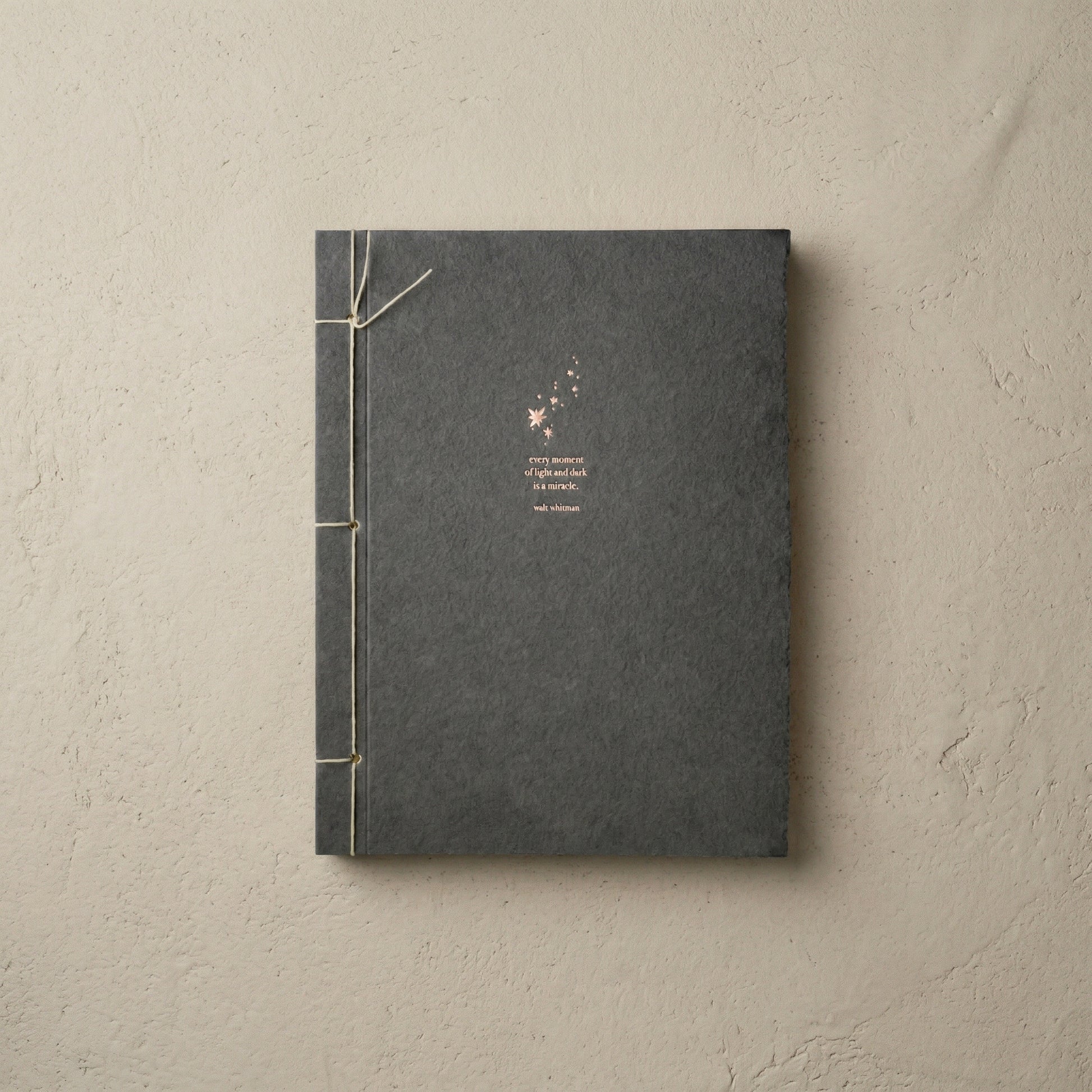 Walt Whitman Inspiration Journal in charcoal recycled cotton with copper foil stars and Japanese stab binding
