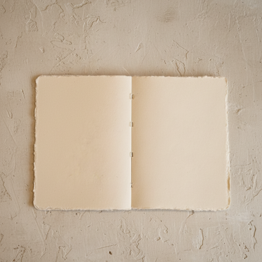 Open hand-bound journal showing acid-free handmade paper and flat-open construction, from WILLAGE