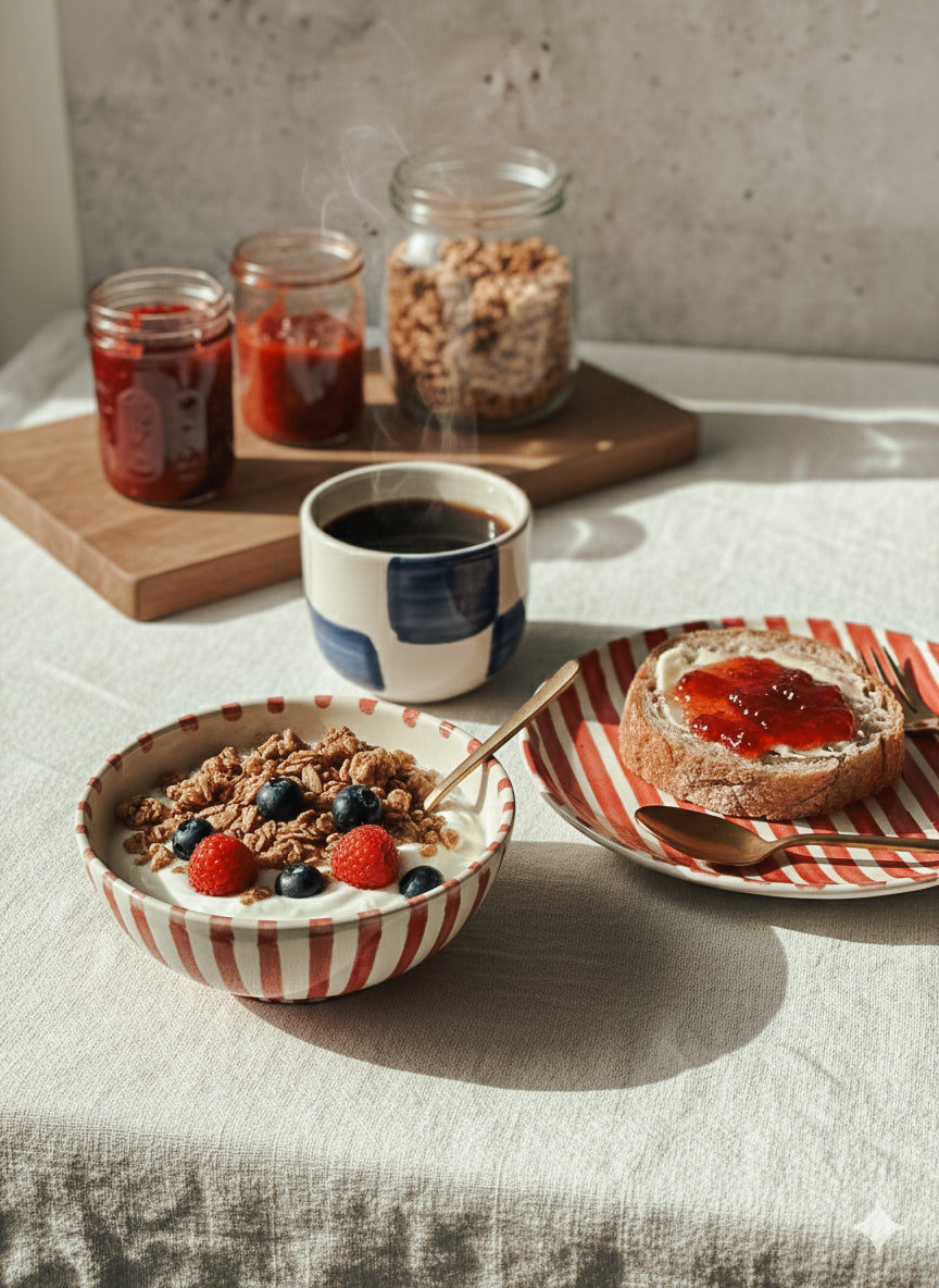 Breakfast setting with a bowl of cereal, coffee, and bread with jam on a tablecloth.