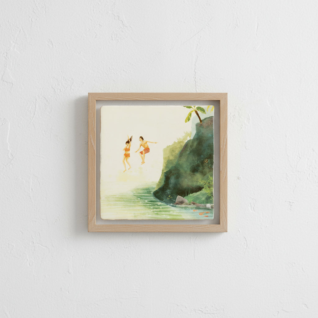 Illustration of two people jumping off a cliff into water with a palm tree in the background