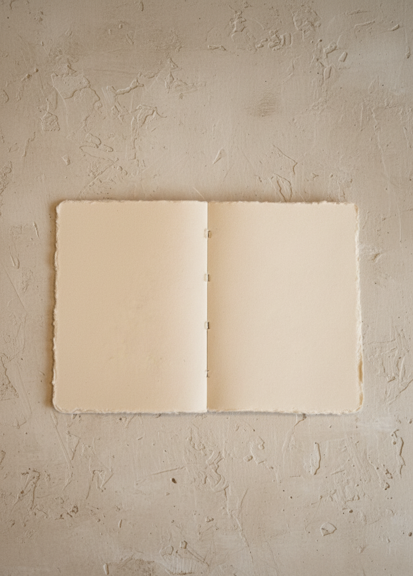 Open beige notebook on a textured beige surface
