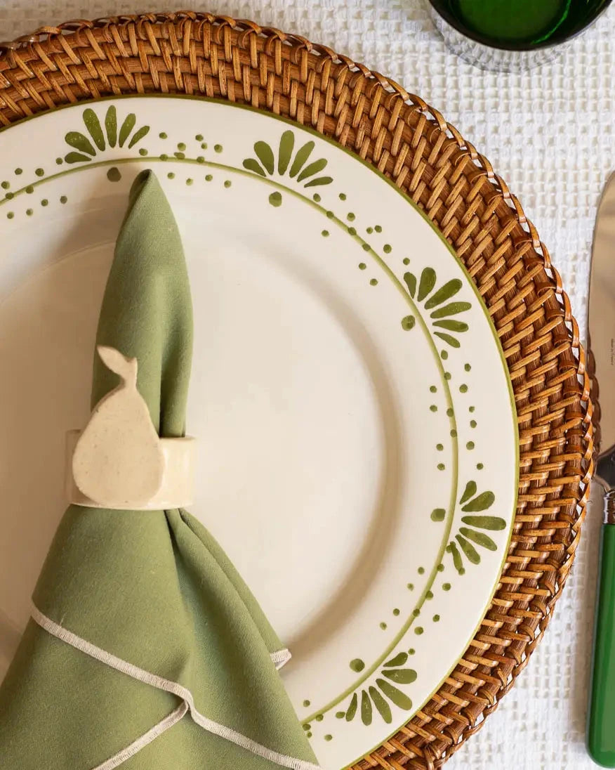 Hand-painted ceramic dinner plate with olive green floral design by Raquel Souza