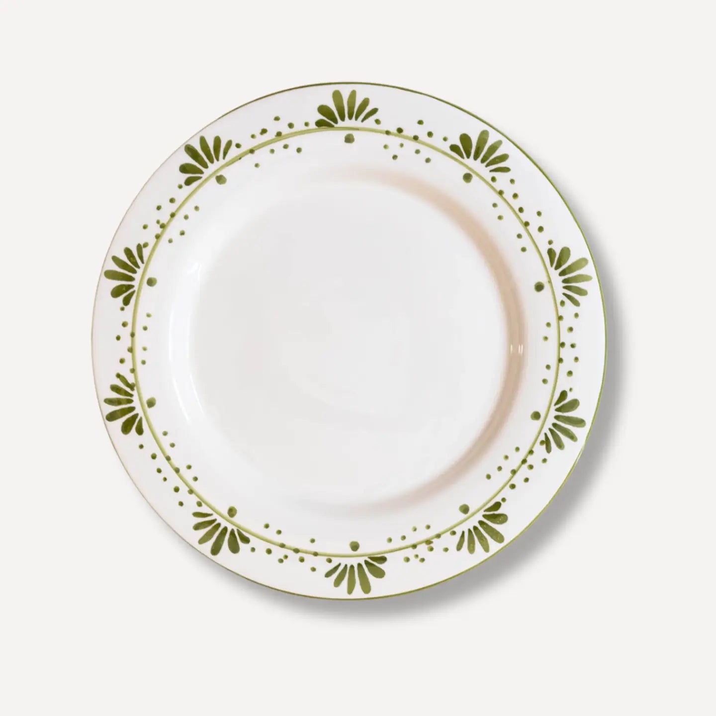 Hand-painted ceramic dinner plate with olive green floral design by Raquel Souza