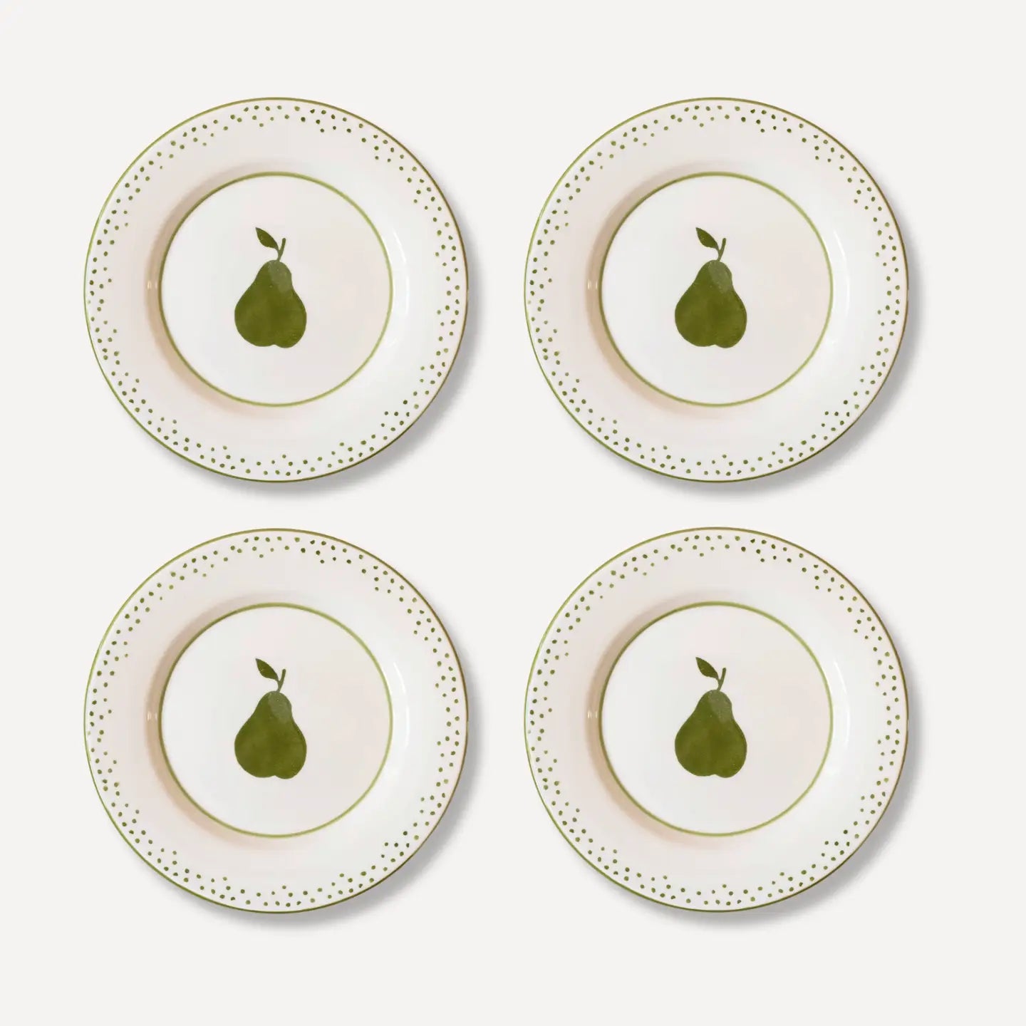Hand-painted ceramic dessert plate with green pear motif by Raquel Souza, Portugal